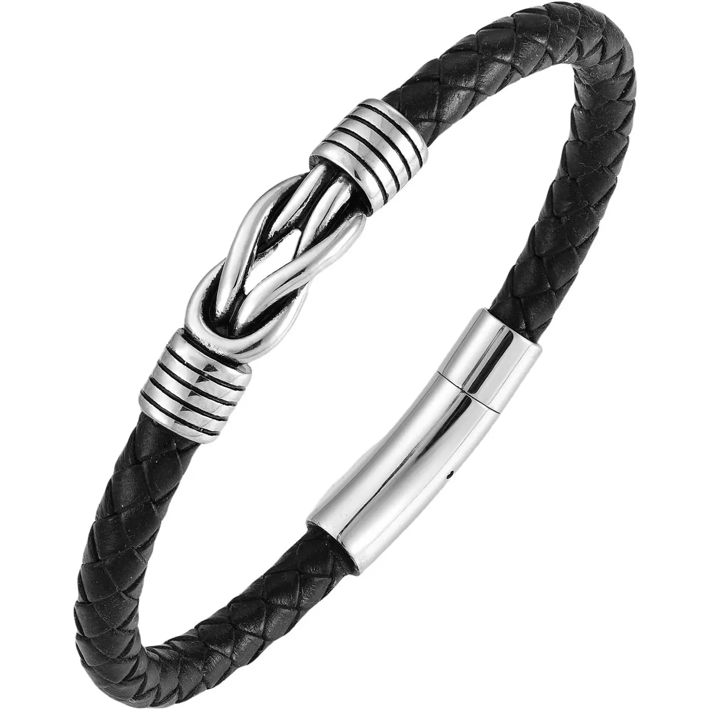 Leather Infinity Knot Bracelet for Men Stainless Steel Men's Black Braided Leather Bangle Bracelets