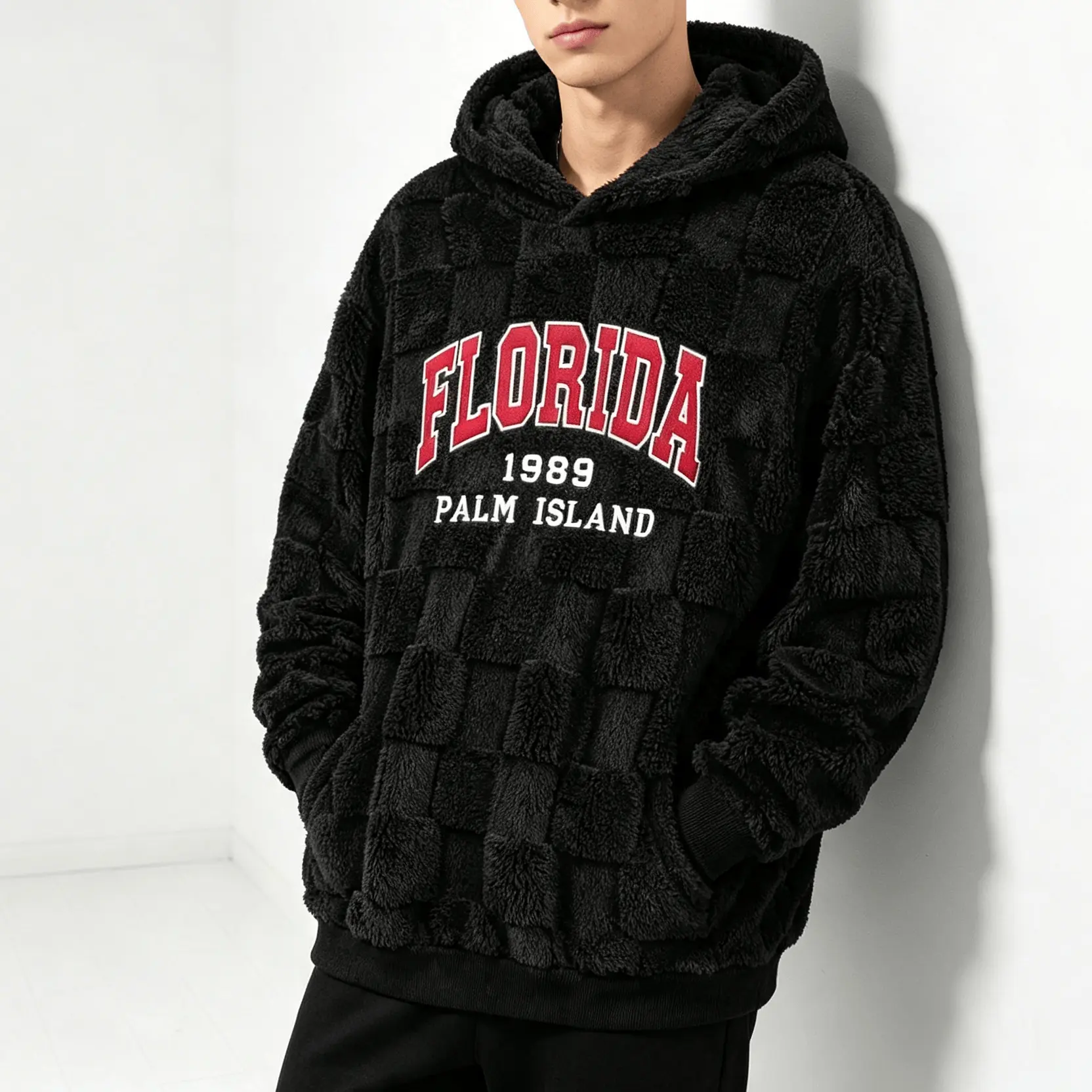 Men's Florida 1989 Palm Island Plush Hoodie, Checkered Plush Pullover Sweater, Retro Lettering Printed Loose Top, Suitable for young men for winter casual streetwear