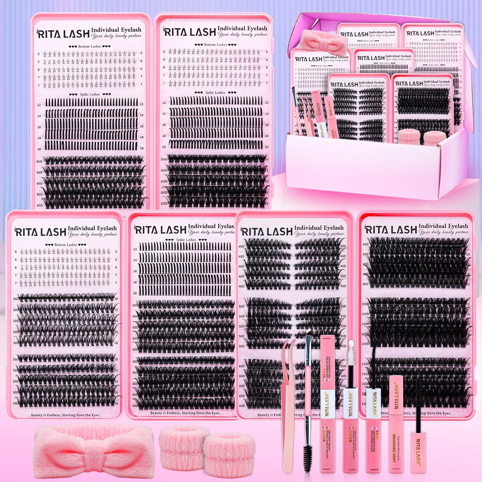 RITALASH 1930Pcs D Curl Eyelash Clusters Kit Large Capacity Eyelash Extension 3 Trays Book Bottom Spike Natural Eye Cosmetic Makeup Easy To Carry, Reusable, with Make Up Tools Bond&Seal, Remover, Headband, Suitable For Daily Going Out, And Holidays