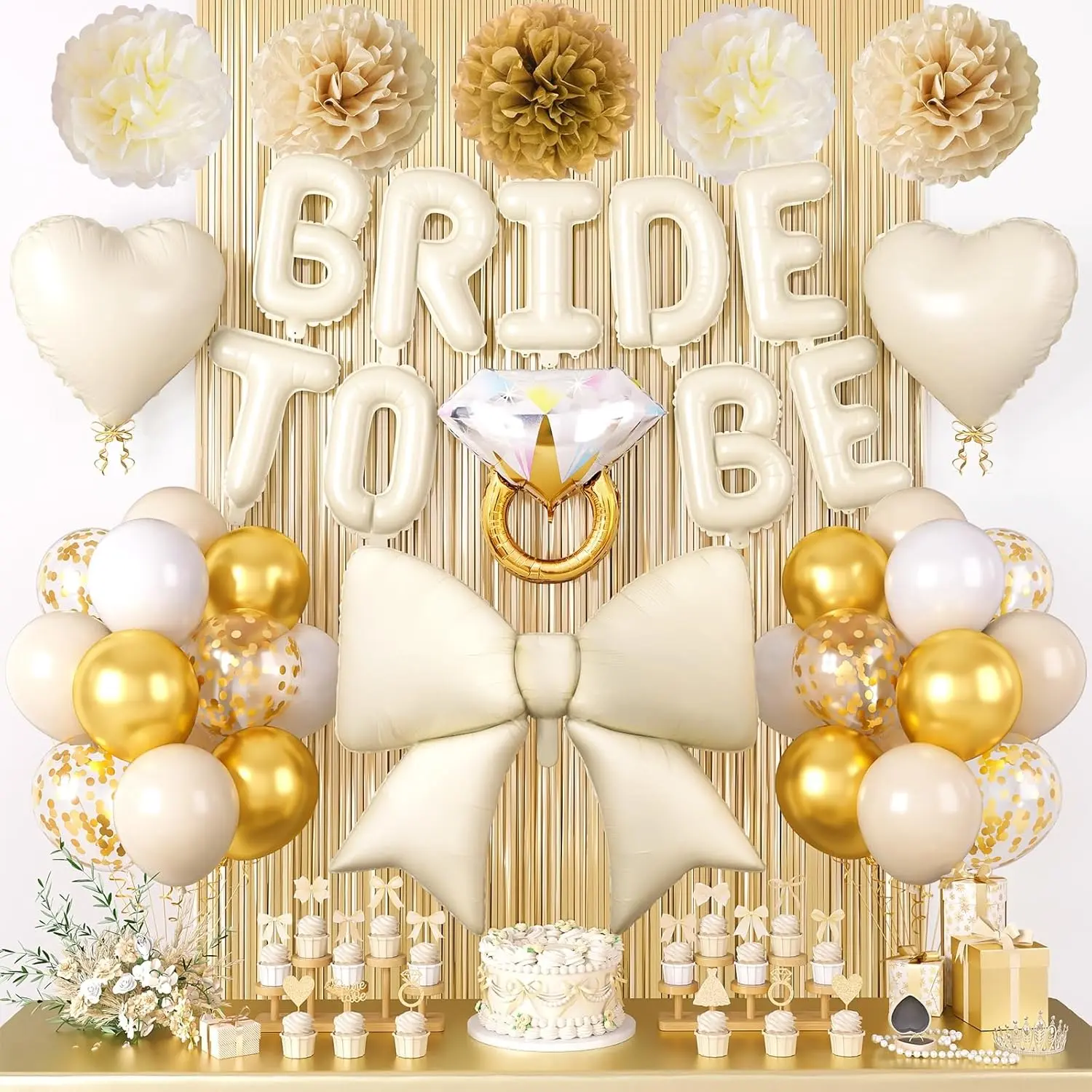 Bachelorette Party Decorations, Sand White Bride To Be Bridal Shower Balloons Bow Ring Heart Foil Balloon, White Gold Confetti Balloons Fringe Curtain Paper Pompom for Bachelorette Engagement Wedding