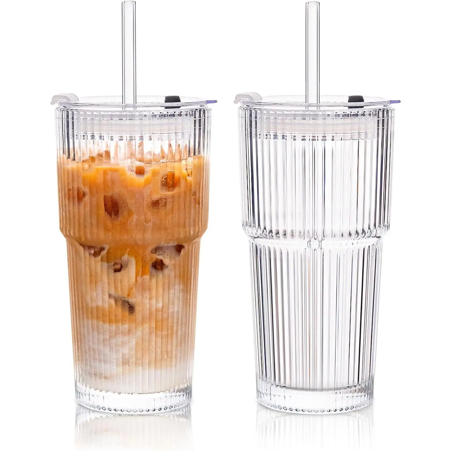 2-Pack 20 oz Ribbed Glass Tumblers with Lids and Glass Straws – Vintage Iced Coffee Cups, Reusable Smoothie & Cocktail Drinking Glasses, Clear Glassware for Home or Cafe