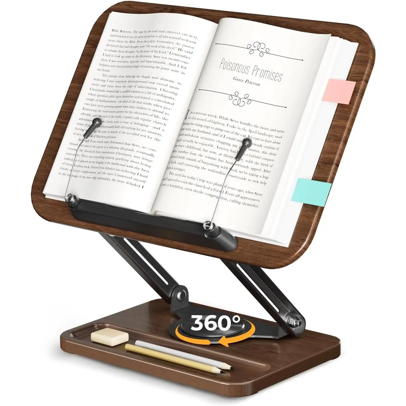 Adjustable Book Stand for Reading, Book Holder with 360° Rotation Base, Height Adjustable Book Reading Stand with Extendable Page Clips — Wooden Stand Holder for Cookbook, Receipe Book, Thick Book