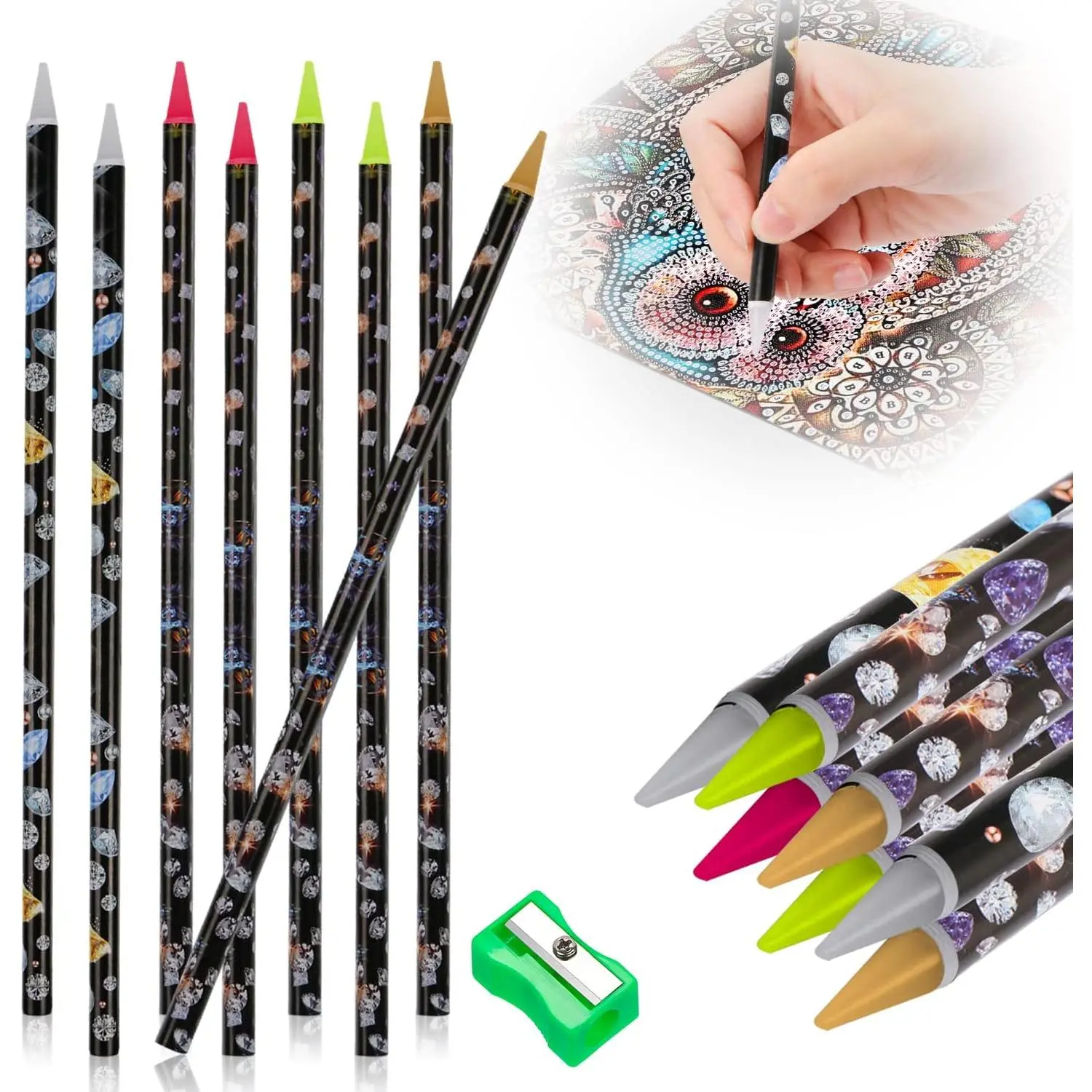 9 count  Painting Pen Rhinestone  Pencil Set Self Adhesive  Dotting Wax Pen with Pencil Sharpener  Point Drill Pens 5D   Pick up Tools DIY  Art Accessories