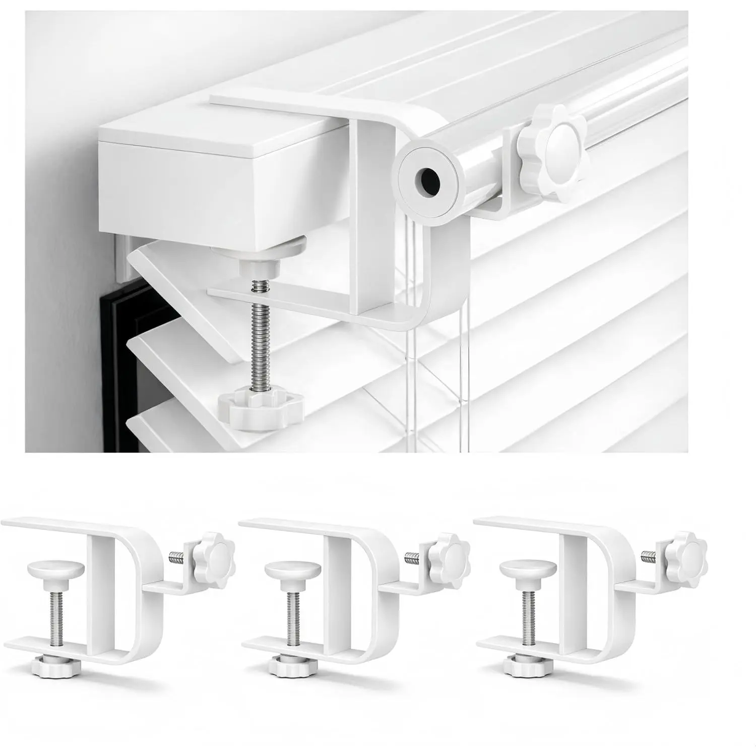Inside Rod Bracket for Blinds, No Blind Adapter, Easy 1-Min Tool-Free Install, No Wall Damage, 0.8–2.2" Headrail, Fits 1" Rod, for Apartments & Rentals, White, 3 Pack