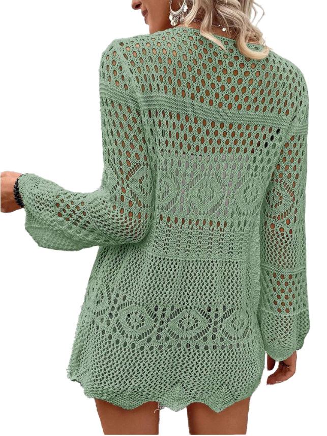 Women's Solid Color Hollow Out Tie Front Crochet Cardigan, Casual Long Sleeve Knitwear for Summer, Fashion Women's Knit Clothing for Daily Wear, Knitting, Summer Cardigan Women, Beach Cover Up, Lightweight Knit Top, Boho Crochet Sweater, Vacation Outfit