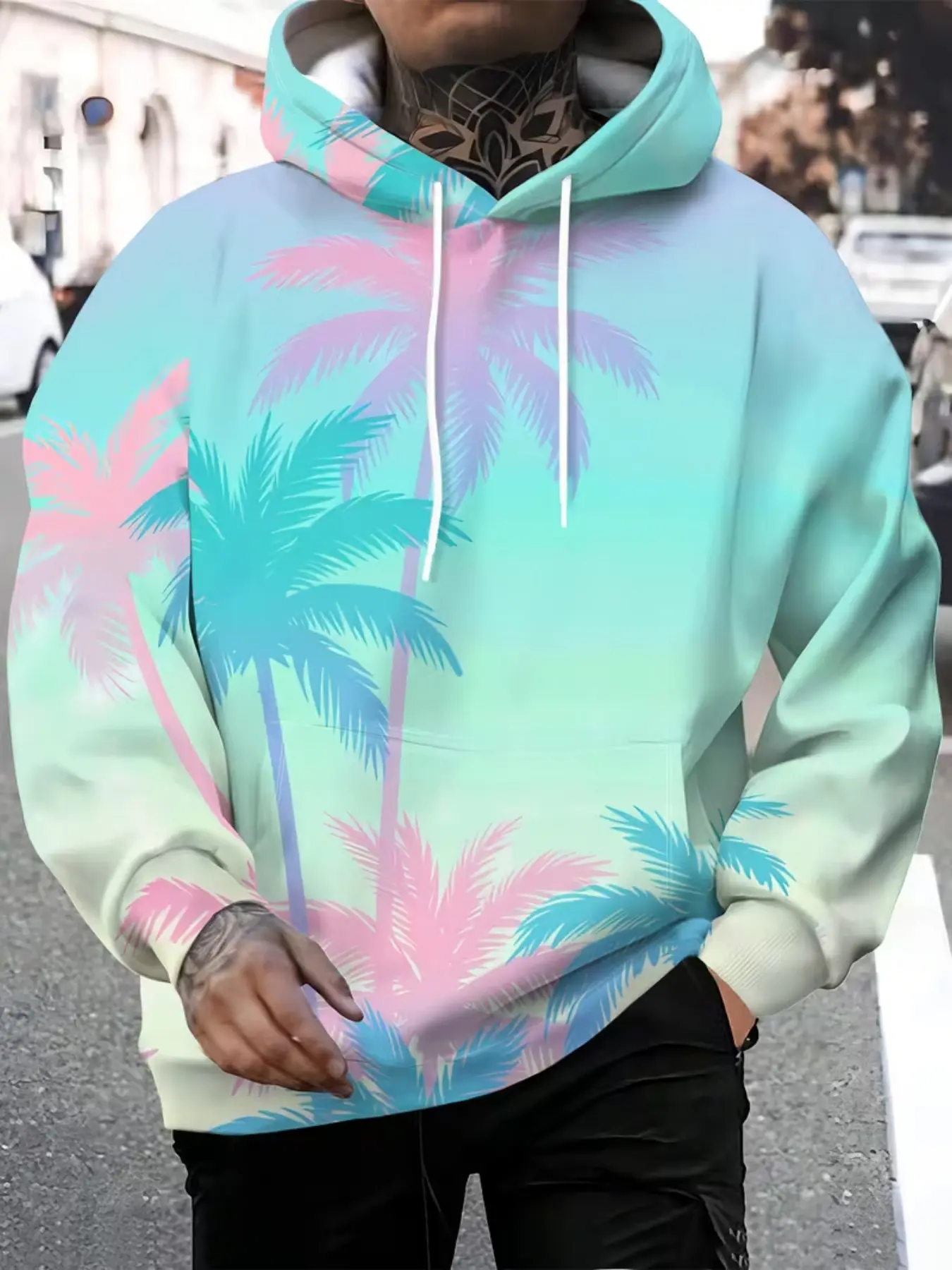 Men's Polyester Hoodie with 3D Print, Drawstring Hood, Front Pocket, Elastic Fit, All Seasons, Blue