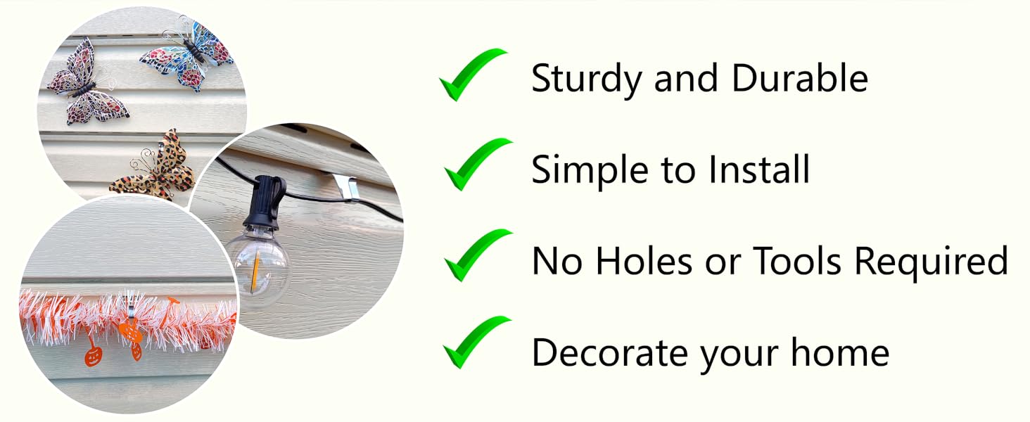 20 Pack Heavy Duty Vinyl Siding Hooks, No-Hole Siding Clips Hangers for Outdoor Patio, Wreath & Decor Hanging       Can these hooks be used on other surfaces besides vinyl siding? How many hooks are included in a pack? Are the hooks easy to install?