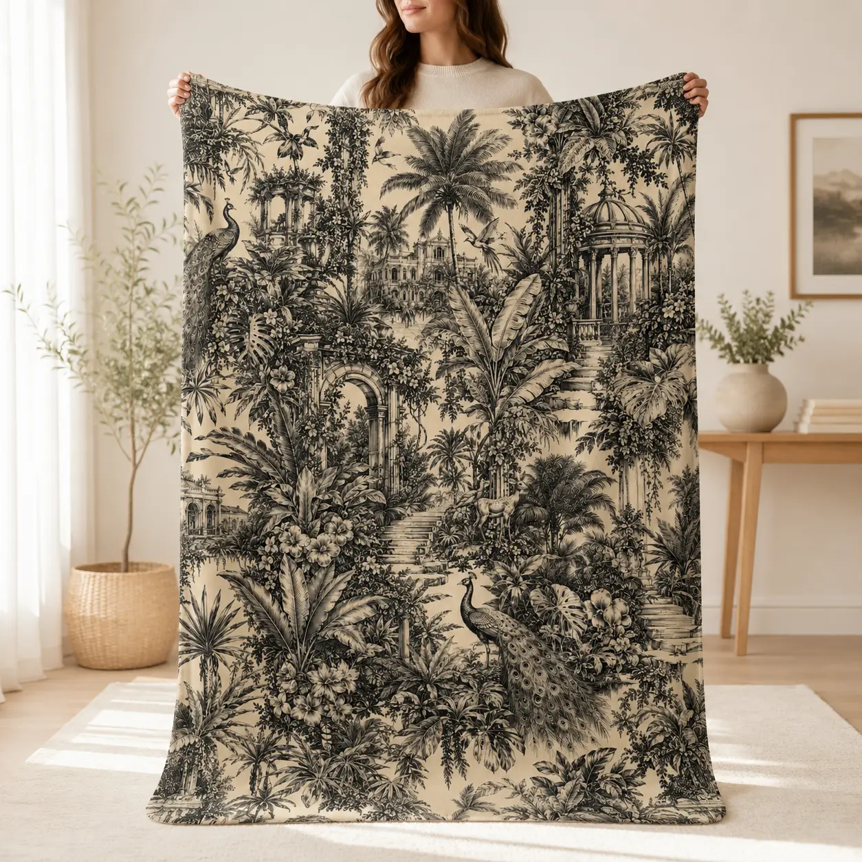 Black and Beige Tropical Botanical Flannel Fleece Blanket for Adults, Vintage Peacock Garden Printed Design with Soft Lightweight Feel for Sofa Lounging, Bedroom Decor, Reading, Movie Nights, Travel, Guest Rooms, Bed Layering and Everyday Gift Giving