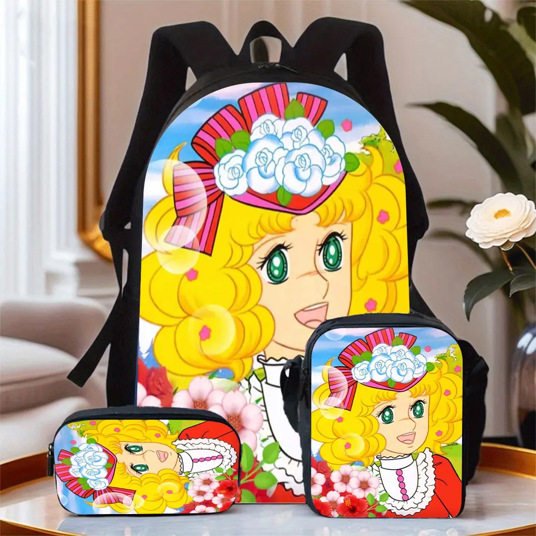 3-piece candy-themed cartoon icon comic-style large-capacity Oxford cloth travel bag, unisex backpack, includes pencil case and crossbody bag, hand washable - unisex daily commuter bag. set