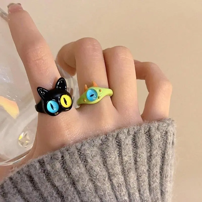 New Cute Green Monster Rings Women Fashion Sweet Two Color Cat Eyes Open Couple Ring Wedding Finger Accessories Jewelry Gift