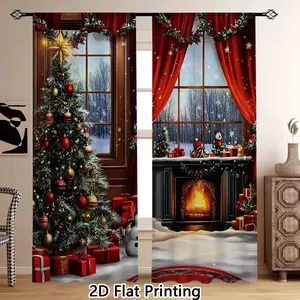 2-Piece Christmas Theme Curtains, 2D Print, Santa Claus & Fireplace Design, Living Room & Bedroom Decor, Rod Pocket Style