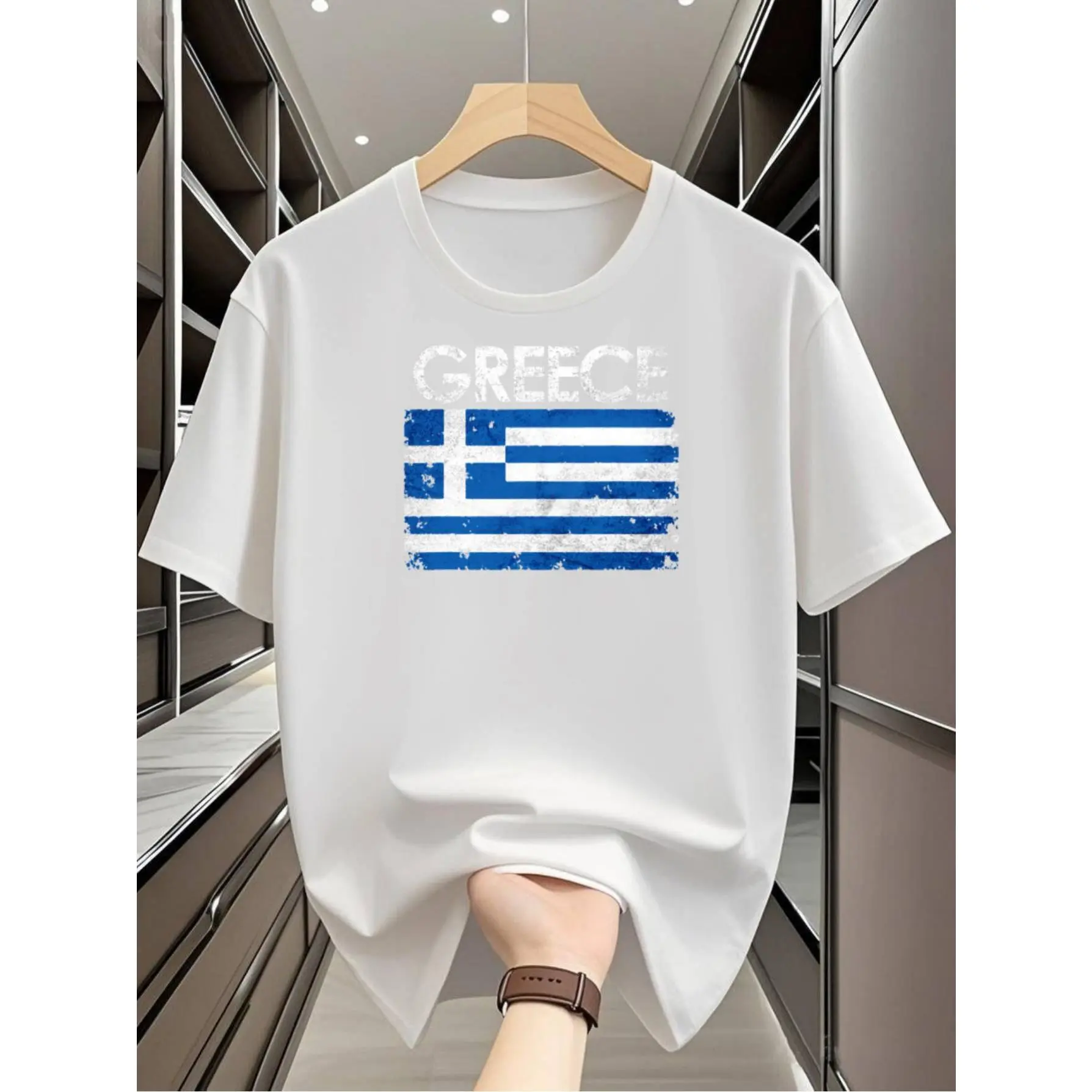 Men's Greece-Themed T-Shirt with Greek Flag Print - White & Blue Short Sleeve Summer Shirt, Soft Breathable Fabric Suitable for Greek Events, Travel & Casual Wear - Machine Washable Round Neck Greek Outfit
