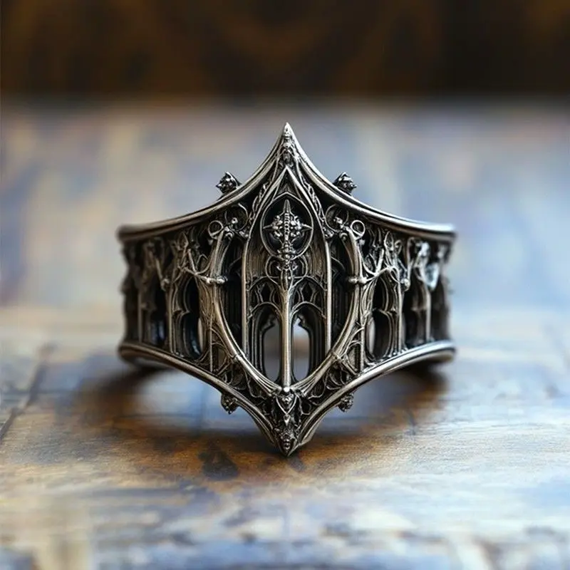 Retro Gothic Cathedral Hollow Architecture Ring - Dark Punk Street Style, Adjustable Size, Unisex Copper Jewelry, Cute Everyday Accessory, Open Fashionable Anxiety Relief Gift Idea