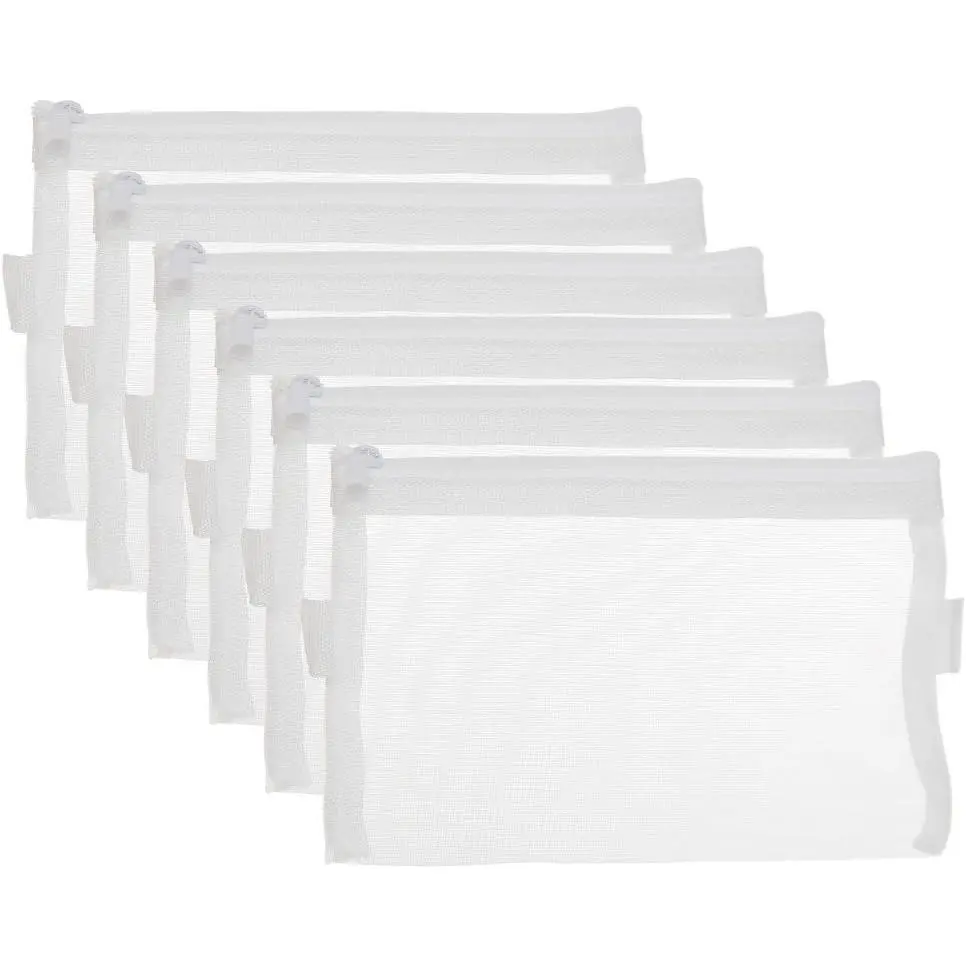 Zipper Files Bag Breathable Transparent Mesh Documents Pocket Pouch Storage for Office Supplies (White, A6 Size, Pack of 6)