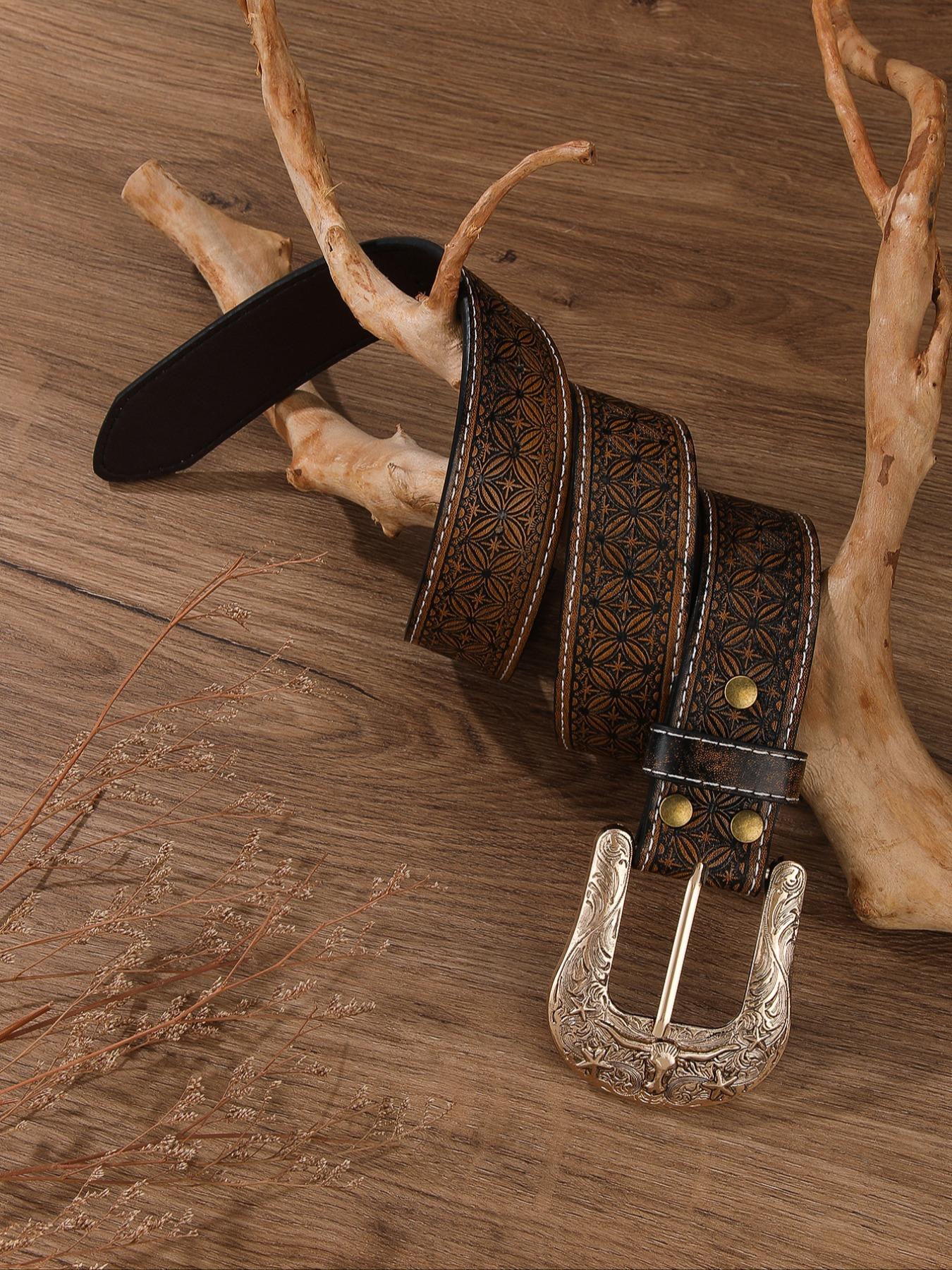 ? Vintage Buckle PU Leather Cowboy/Cowgirl Bullhead Style Unisex Belt Western Cowboy Style Ethnic Pattern Pu Buckle Belt, Cowboy  main image 2