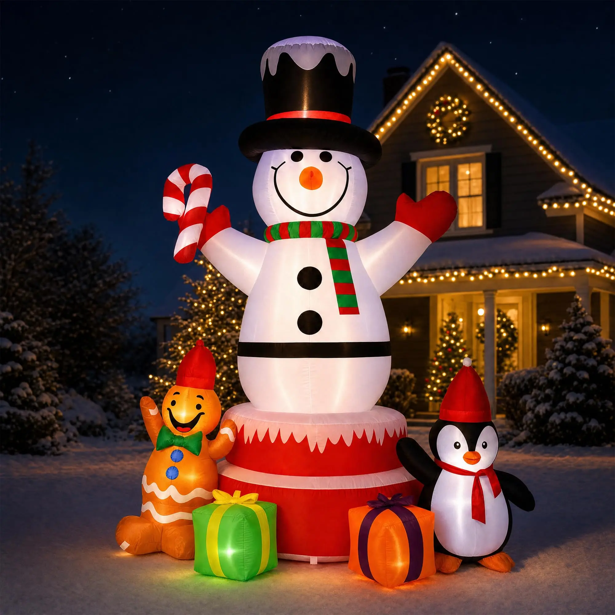 7.5 FT Lighted Inflatable Christmas Snowman with Gingerbread Man – Outdoor Holiday Yard Decoration with LED Lights, Weighted Base & Weather-Resistant Fabric for Lawn, Garden, Porch