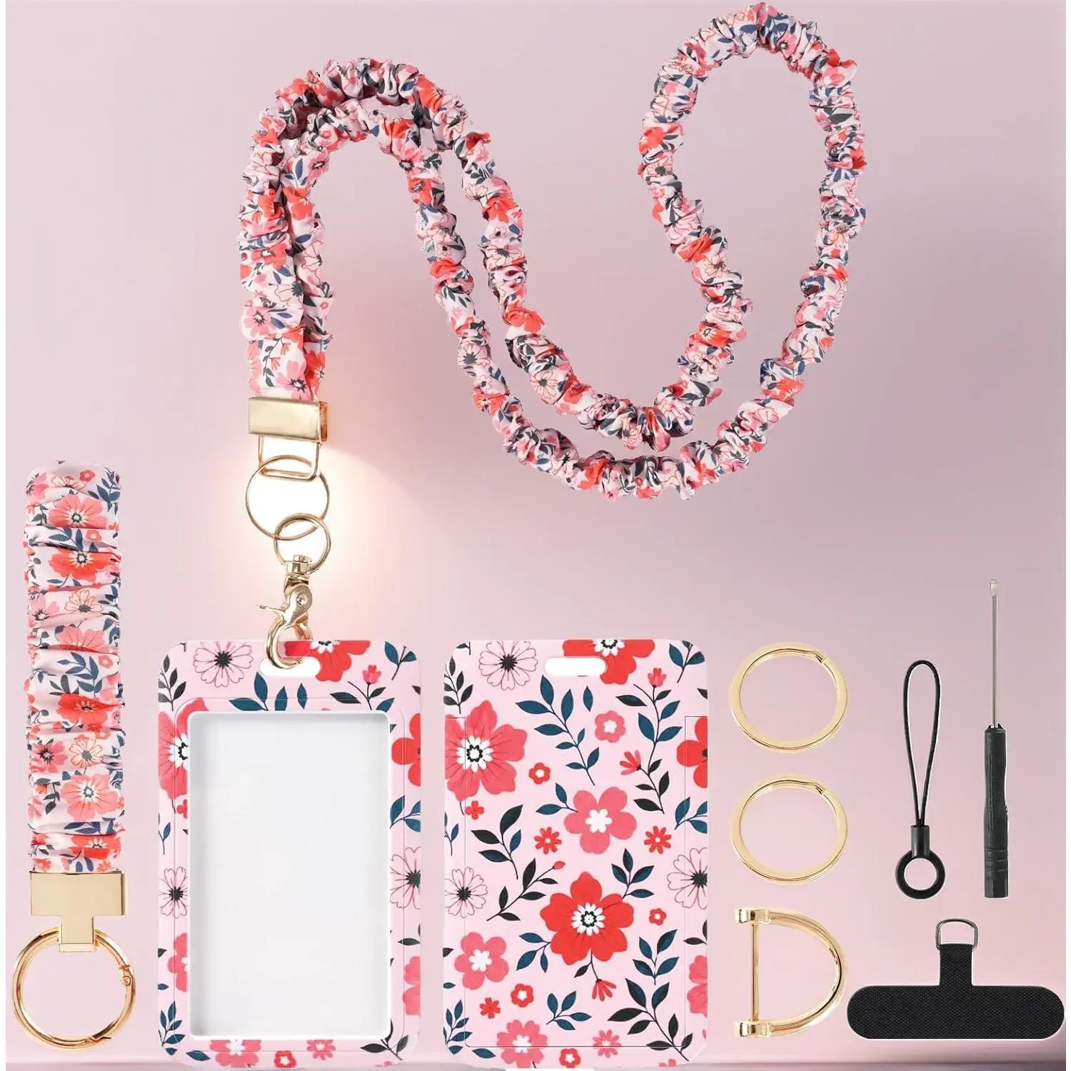 Teacher Scrunchie Lanyard with ID Holder, Keychain Wristlet & Keyrings Set |   Cute Teacher Lanyard for ID Badges and Keys, Stretchy Lanyard for Women Student Doctor Nurses, Red Floral