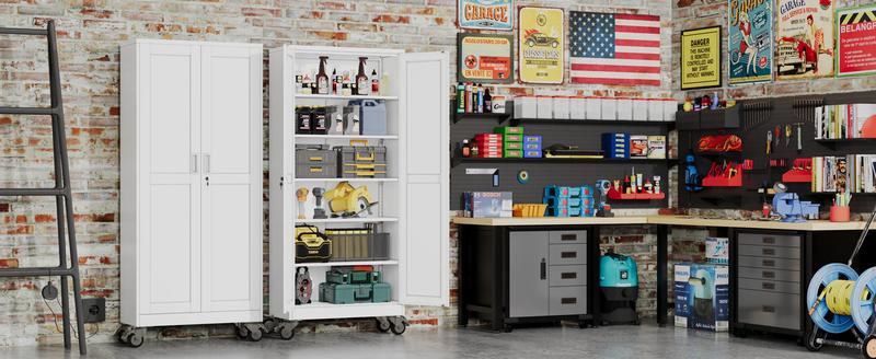 GEITIN 75" Tall Metal Garage Storage Cabinet with Wheels & Locking Doors, 5 Adjustable Shelves, Heavy Duty Steel Tool Cabinet for Garage, Home, Office, Shop