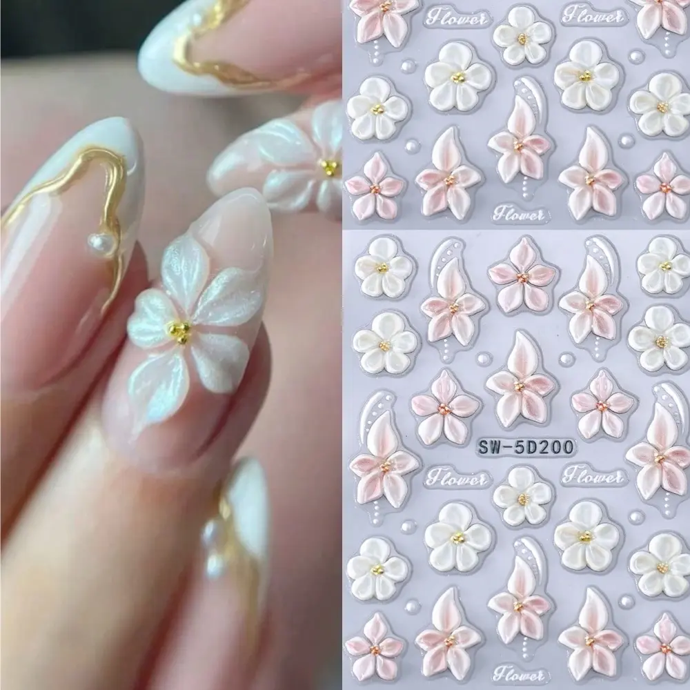 1pc 5D Embossed Floral Nail Art Stickers, White & Pink Hibiscus Pattern, Self-Adhesive Nail Decals Suitable for Spring And Summer Manicure Nails