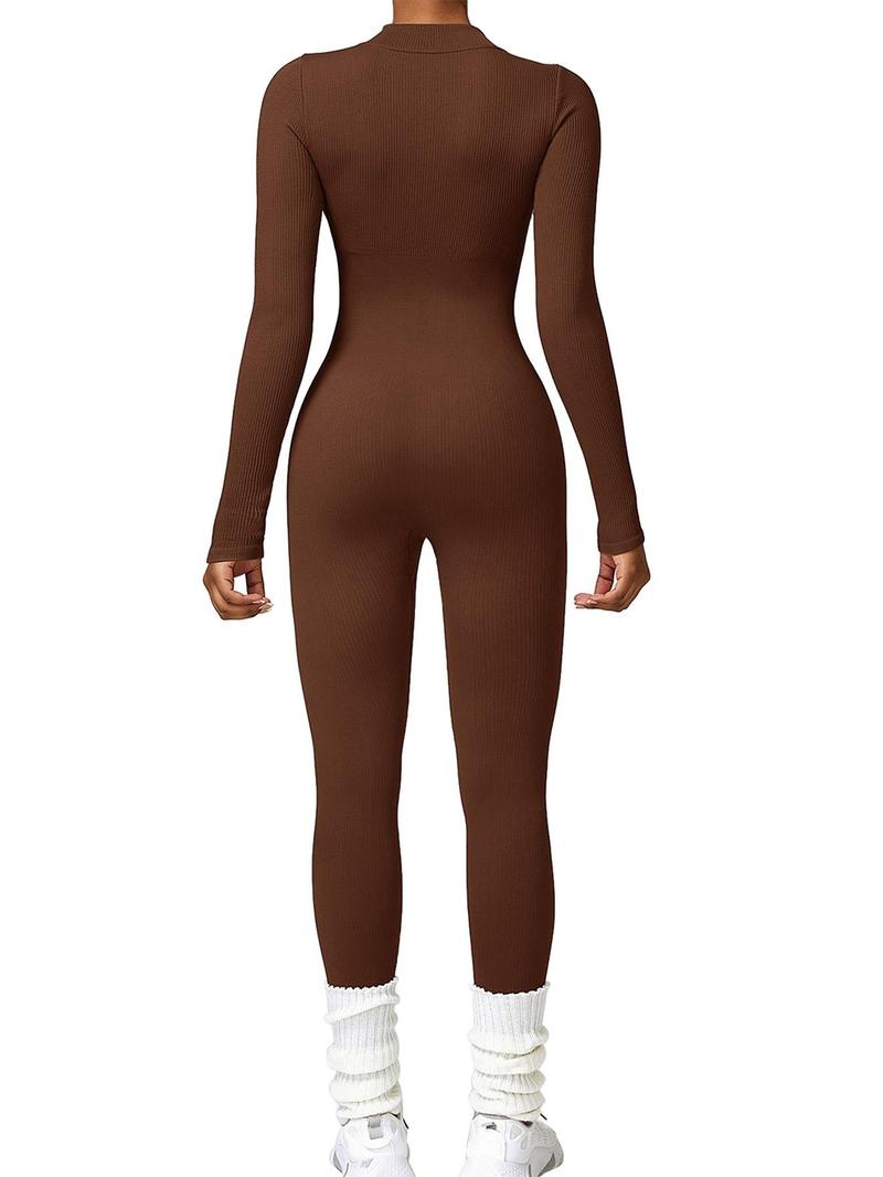 Women's Solid Zip Up Stand Collar Sports Jumpsuit, Fitness Long Sleeve Seamless Jumpsuit for Yoga Gym Workout, Holiday Outfits, Ladies' Sport Clothes Clothing, Tummy Control