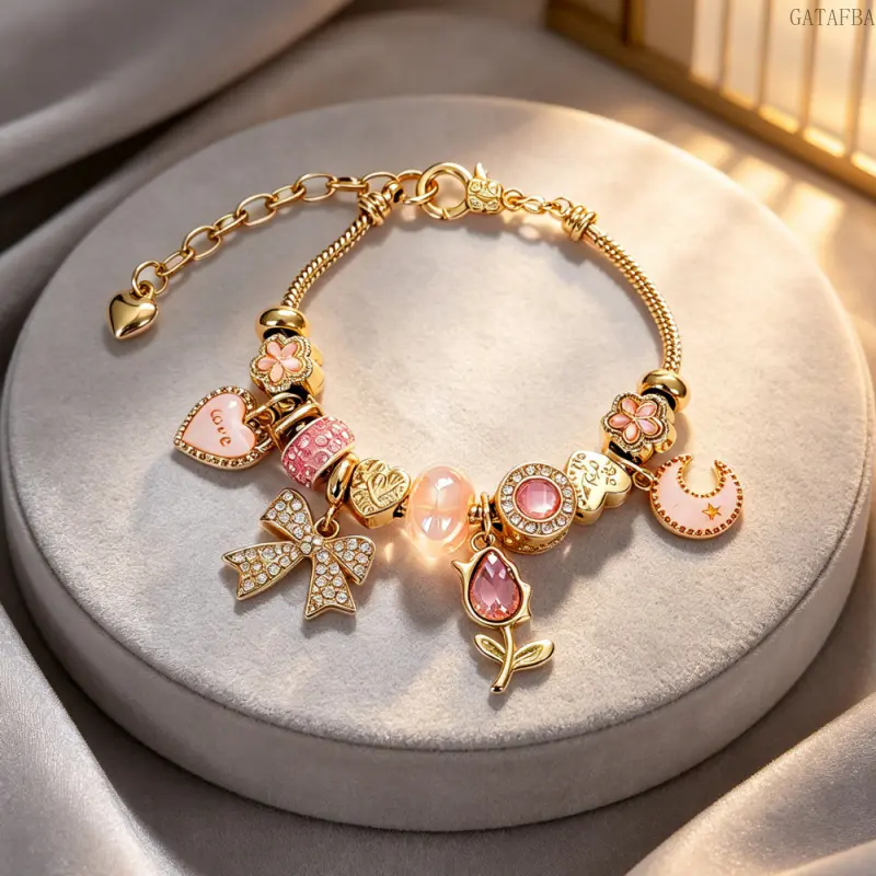 Dainty Heart & Bow Charm Bracelet for Women, Pave Pink Zircon Adjustable Chain with Moon & Tulip, Sweet Stackable Jewelry