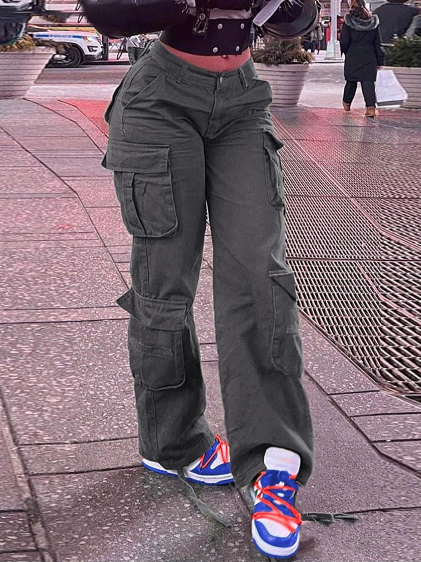 Women's Plain High-Waisted Cargo Pants with Pockets and Drawstring, Fashion Y2K K-Pop Style Streetwear Trousers for Daily Wear, Ladies' Baggy Pants for Fall & Winter