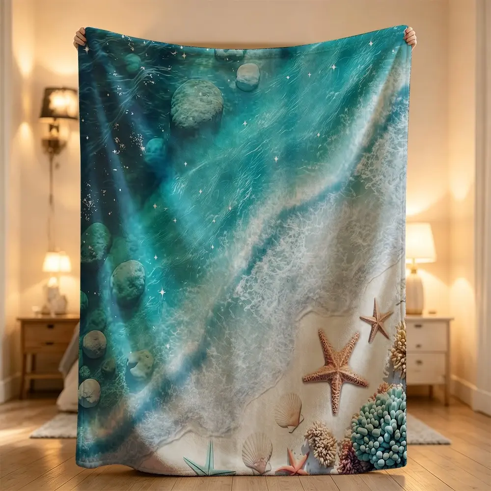 Beach ocean starfish seashell coral waves blue seafoam sand decorative plush Flannel blanket, sofa leisure blanket, bed blanket, Plush Throw Blanket,Cozy Soft Lightweight Blanket,Boho Decorative Throw Blanket
