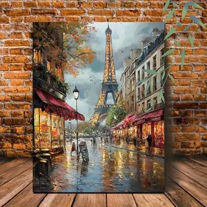 One framed canvas oil painting - Paris Eiffel Tower street scene art print, romantic autumn cityscape, bedroom & living room wall decoration, ready to hang and use, classic Parisian atmosphere in dark tones.