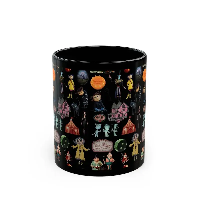 Spooky Coraline Characters Black Mug |   Halloween Gift, Unique Coffee Cup, Dark Aesthetic Design, Perfect for Collectors, Home Decor