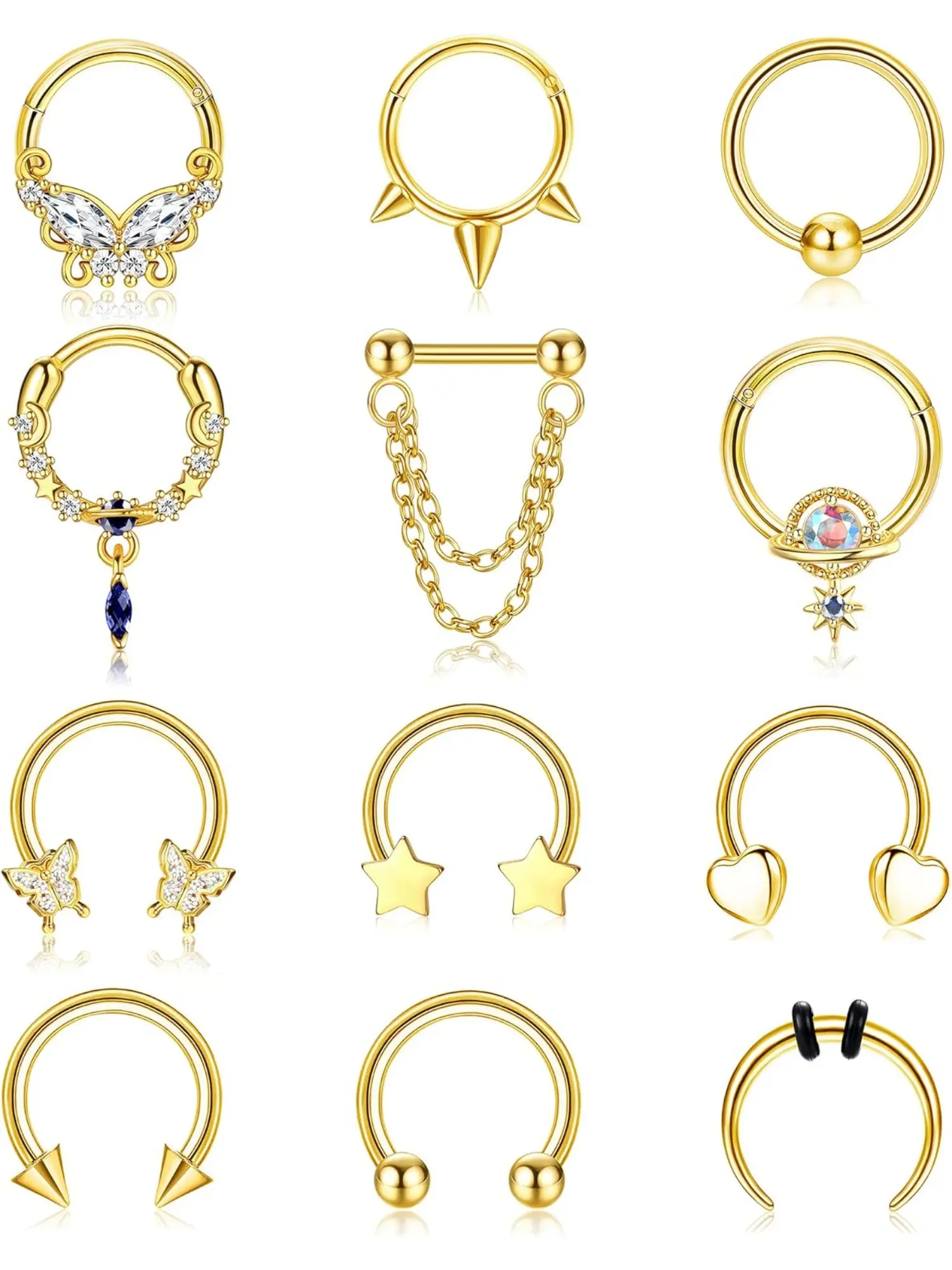 12 pcs 16G Septum Ring for Women Dangle Septum Jewelry Fashion Body Jewelry Hinged Nose Rings Surgical Steel Star Heart Horseshoe  Cartilage Hoop Earrings Septum Piercing Jewerly