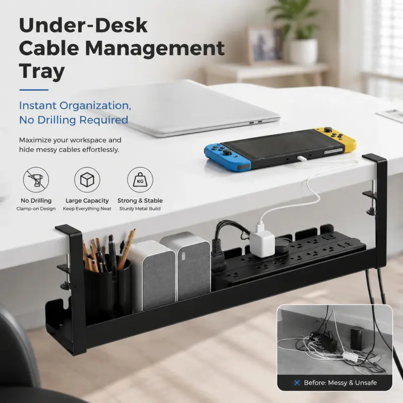 Clamp-On Under Desk Cable Management Tray, Large Capacity Wire Storage Rack To Hide Messy Cables For Office Desks, Home Workstations & Gaming Tables, Cable Organizer