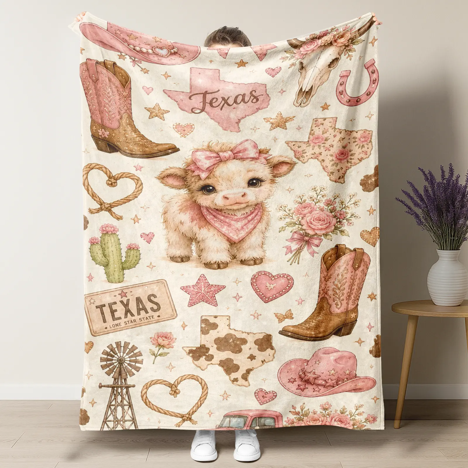 Texas Baby Highland Cow Throw Blanket, Cute Western Cowgirl Watercolor Print Flannel Blanket,Cactus & Wildflower Pattern Soft Cozy Blanket for Sofa Bedroom, Vintage Country Farmhouse Decor, Sweet Gift For Texas Lovers, Cowgirls And Highland Cow Fans