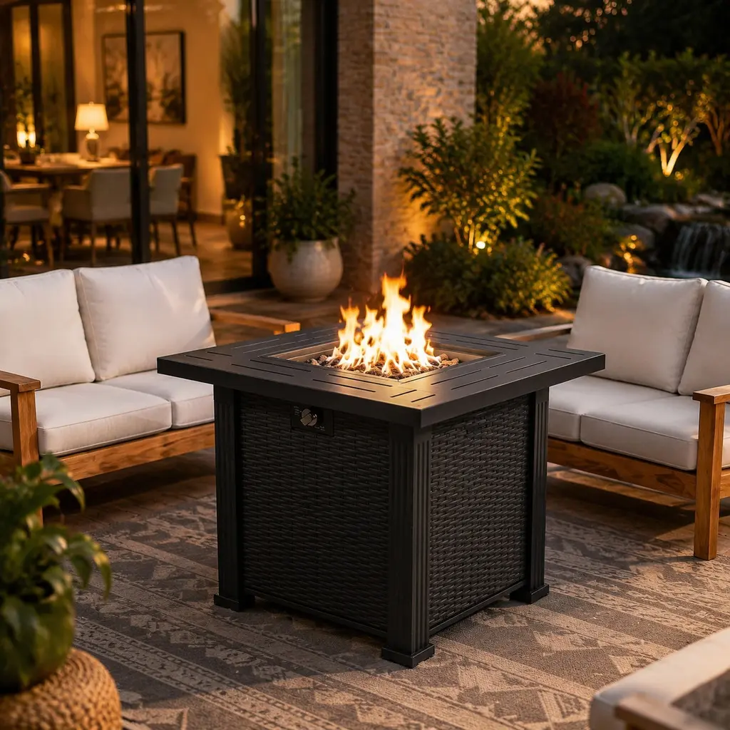 ARCH Furniture 28" Square Metal Dual-Function Gas Fire Pit Table, 50000 BTU Contemporary 40 lbs Outdoor Propane Fire Pit for Garden, Patio