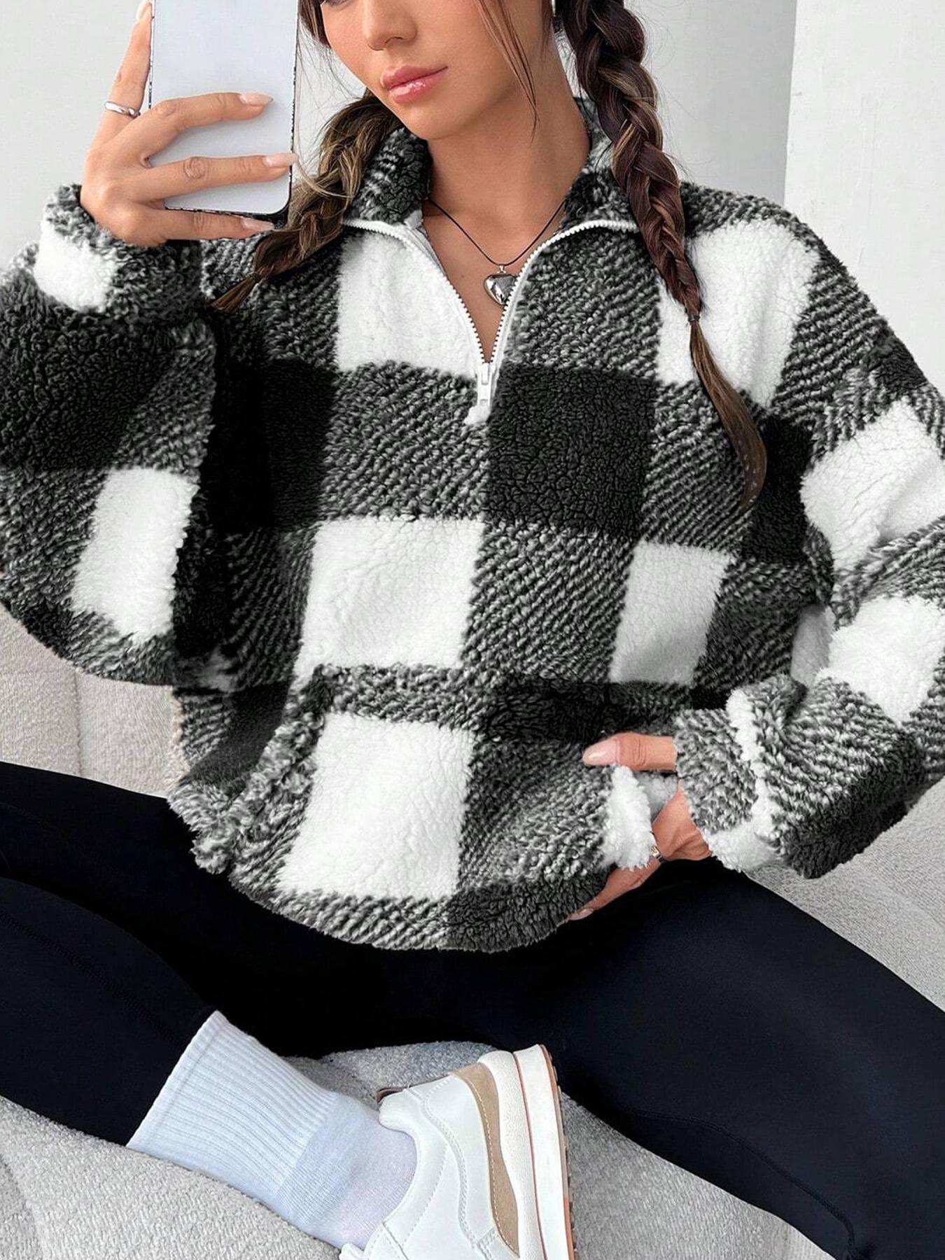 Women's Plaid Half Zip Drop Shoulder Fleece Sweatshirt, Casual Long Sleeve Collar Pullover for Spring & Fall, Ladies Clothes for Daily Wear