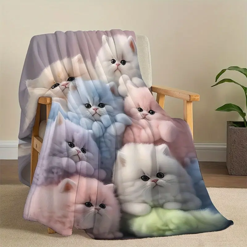 Pastel-Toned Fluffy Persian Kitten Group Print 100% Polyester Flannel Fleece Throw Blanket - Ultra-Soft, Lightweight, Warm, Anti-Pilling, No-Shed, Breathable, Skin-Friendly Modern Home Room Decor Lap Blanket for Couch (Indoor Use), Multi-Size