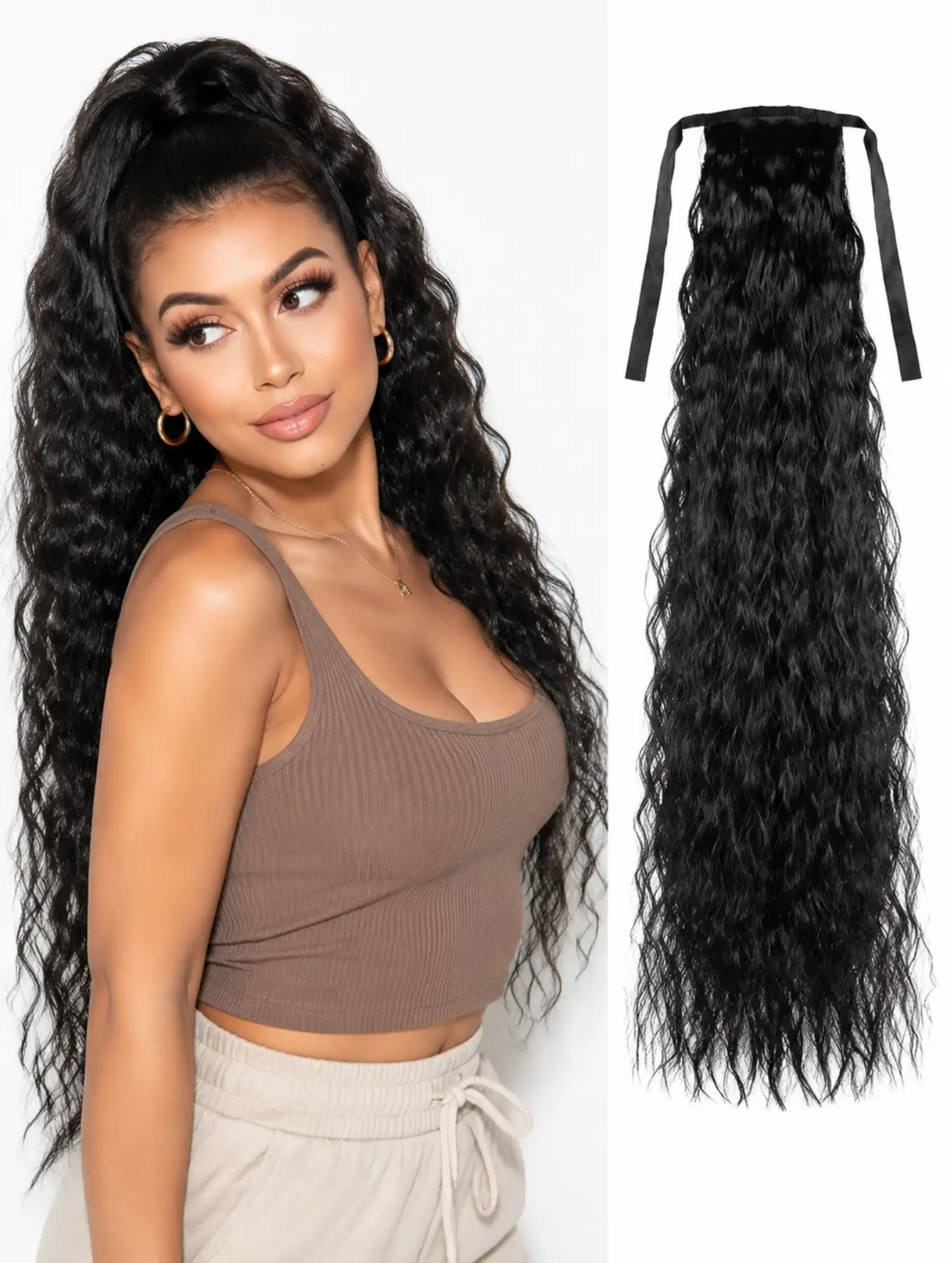 Synthetic Long Kinky Curly Ponytail Drawstring Clip In Ponytail Black Blonde Hair Extension for Women