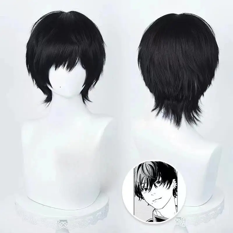 Short Anime Cosplay Wig for Females, 35cm Yoshida Hirofumi Black Synthetic Hair, Heat Resistant for Party Wear, Short Length