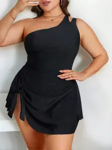 Ss26 Plus Size One-Shoulder Swimsuit, Single-Sided Cutout Design, Side Ruched Tie Adjustments, Slimming Swimwear, Vacation Ready, Modest Swimsuit
