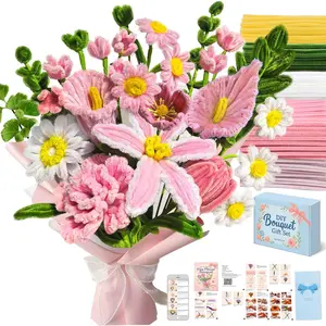 Pipe Cleaner Flower Kit- 400PCS Pink Lily Tulip DIY Chenille Stems Bouquet Crafts with Video Tutorial - 8mm Fluffier Fun Craft Pipecleaner Flowers Gift for Teacher Appreciation, Bestie, Family Bonding