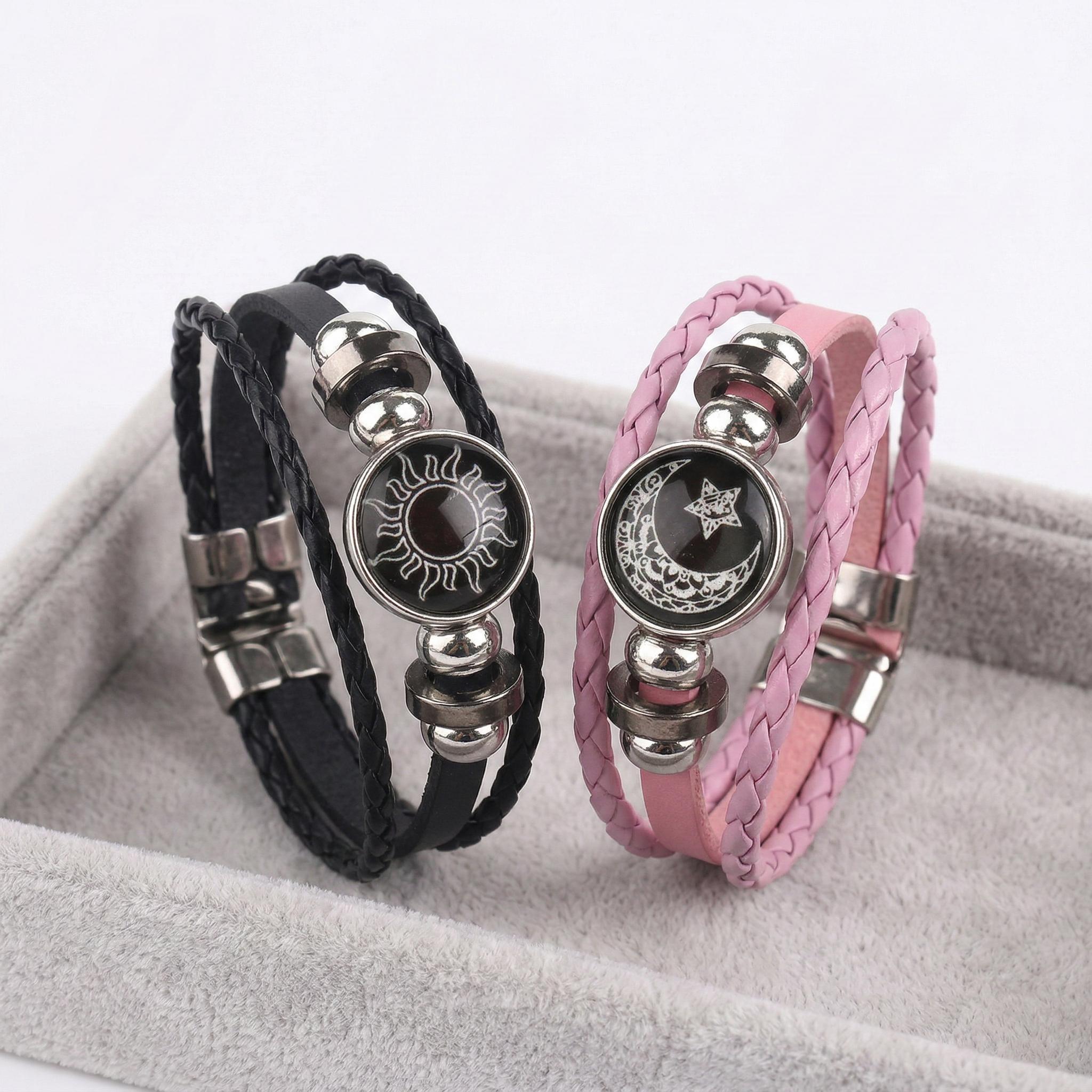 2Pcs Luminous Sun and Moon Couple Bracelets - Glow in The Dark Matching Braided Leather Jewelry, Adjustable Friendship Gift for Boyfriend Girlfriend, Anniversary & Valentine's Day 2Pcs Luminous Sun and Moon Couple Bracelets - Glow in The Dark Matching Braided Leather Jewelry, Adjustable Friendship Gift for Boyfriend Girlfriend, Anniversary & Valentine's Day