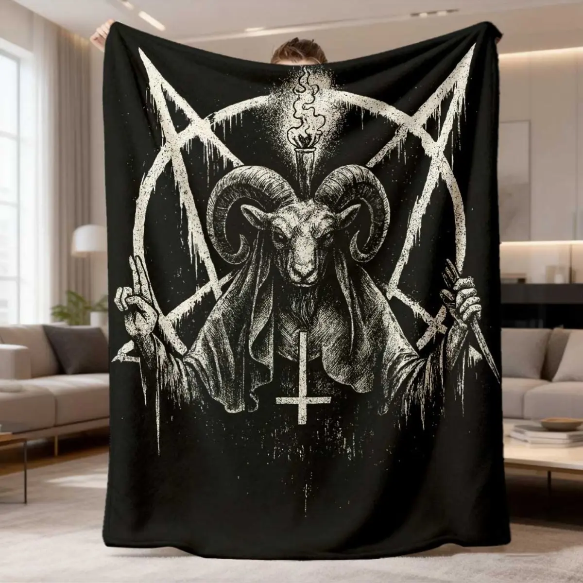 Baphomet Goat Pentagram Inverted Cross Flannel Throw Blanket Vintage Occult Gothic Dark Art Warm Blanket Gift Black Metal Gothic Fans All Ages