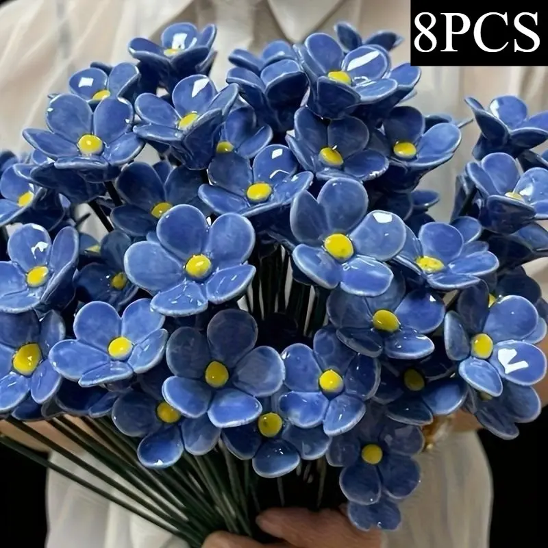 8PCS,Hand-molded Ceramic Flowers, Forget-Me-Not Ceramic Flowers, "Blue Love" Handmade Ceramic Craft, Never Fades, Eternal Ceramic Flowers, Indoor and Outdoor Home Decor,Holiday Gift, Home Ornament, Chinese Ceramic DIY Flowers, Artificial Flower Decoration