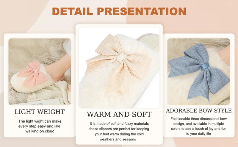 Plush Popular Fuzzy Cute Bow Slippers For Women, Non - Slip, Winter Warm Cozy House Slippers Indoor Outdoor Shoes Girl Footwear