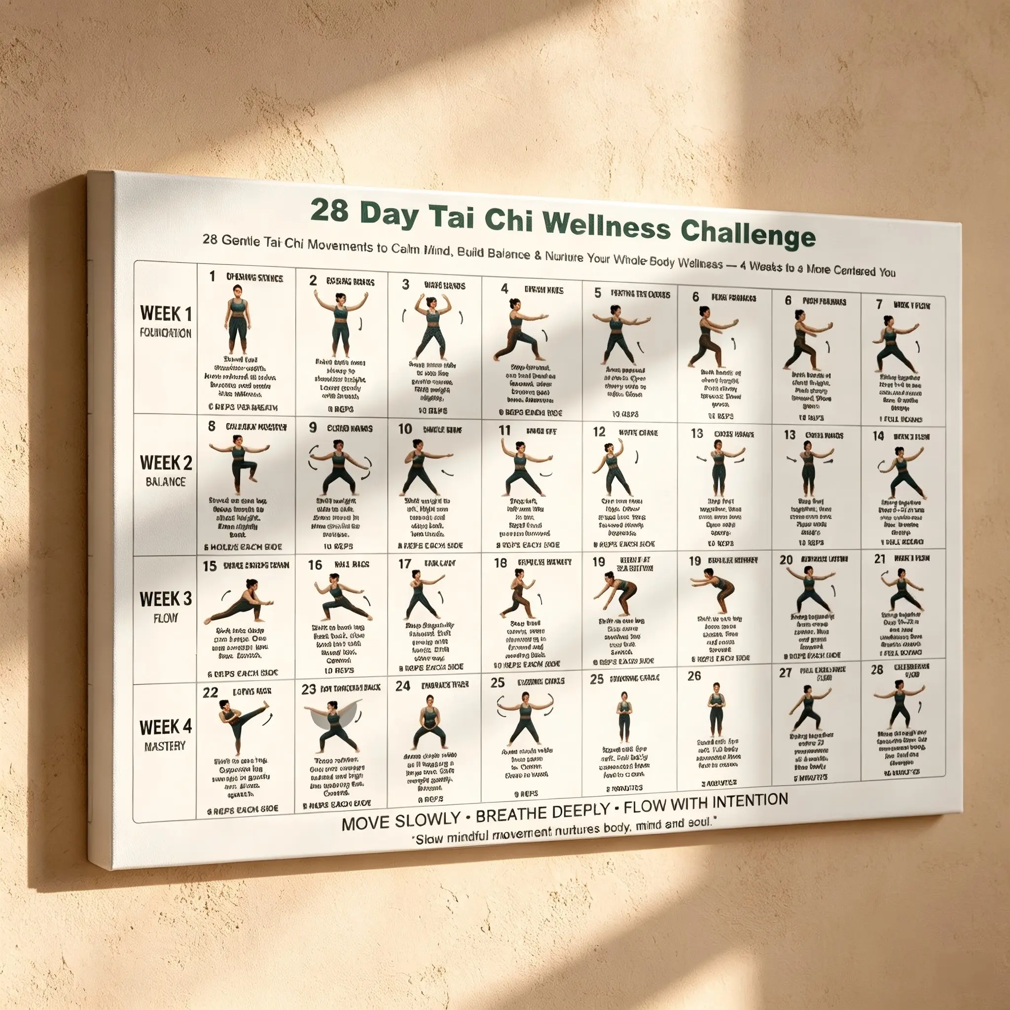 28 Day Tai Chi Wellness Challenge Poster, Fitness Workout Chart for Home Gym Living Room Bedroom Office, Mindful Movement Wall Art for Beginners Seniors, Framed & Unframed