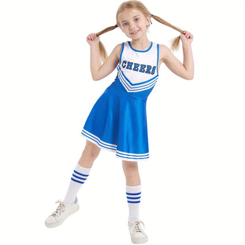 Plus Size Flyer Cheer Children'S Cheerleading Uniform Set, Kindergarten Girls' Cheerleading Uniforms, Stage Performance And Campus Cheerleading Uniforms, Including Socks And Pom-Poms, Ideal For Outdoor Activities