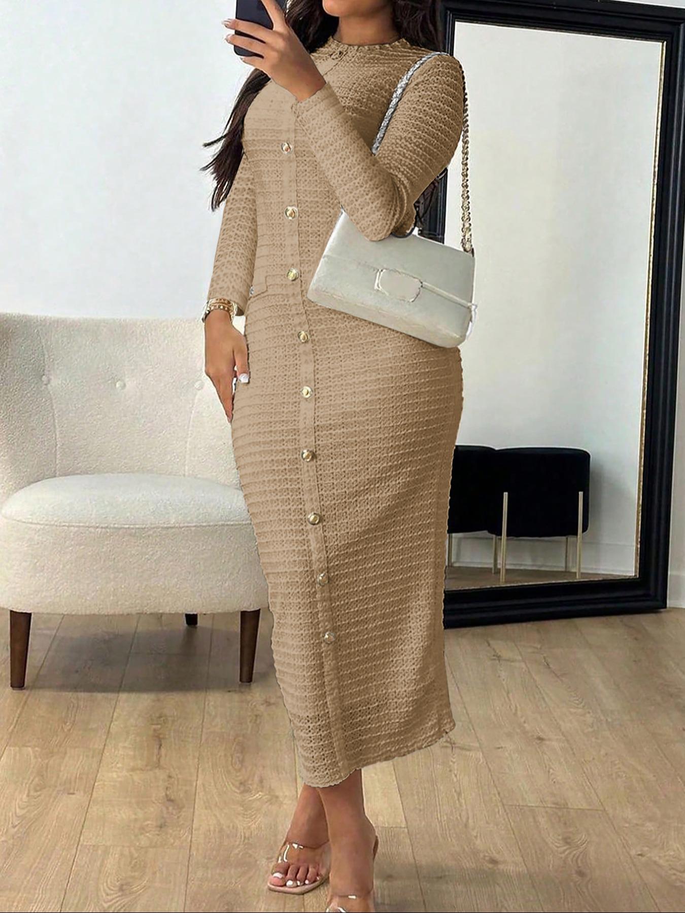 Elegant Casual Long Sleeve Maxi Dress for Women, Womenswear, Thin Knitted Fabric Perfect for All Seasons, Fitted Plain Design for Stylish Comfort