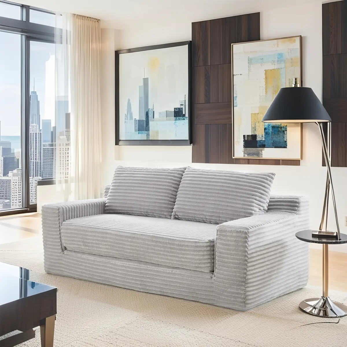 56" Corduroy Memory Foam Loveseat - No Assembly, 2-In-1 Convertible Compression Sofa, Compact Indoor Furniture for Living Room, Small Spaces (Grey), Two Seats