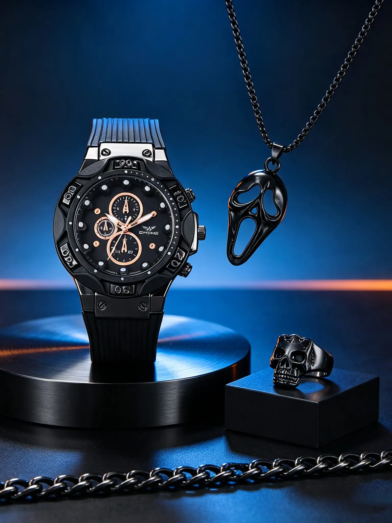 4pcs Gothic Punk Watch Set, Quartz Analog Round Face, Alloy Case, Clasp Closure, Perfect Gift for Father's Day, Halloween, Christmas