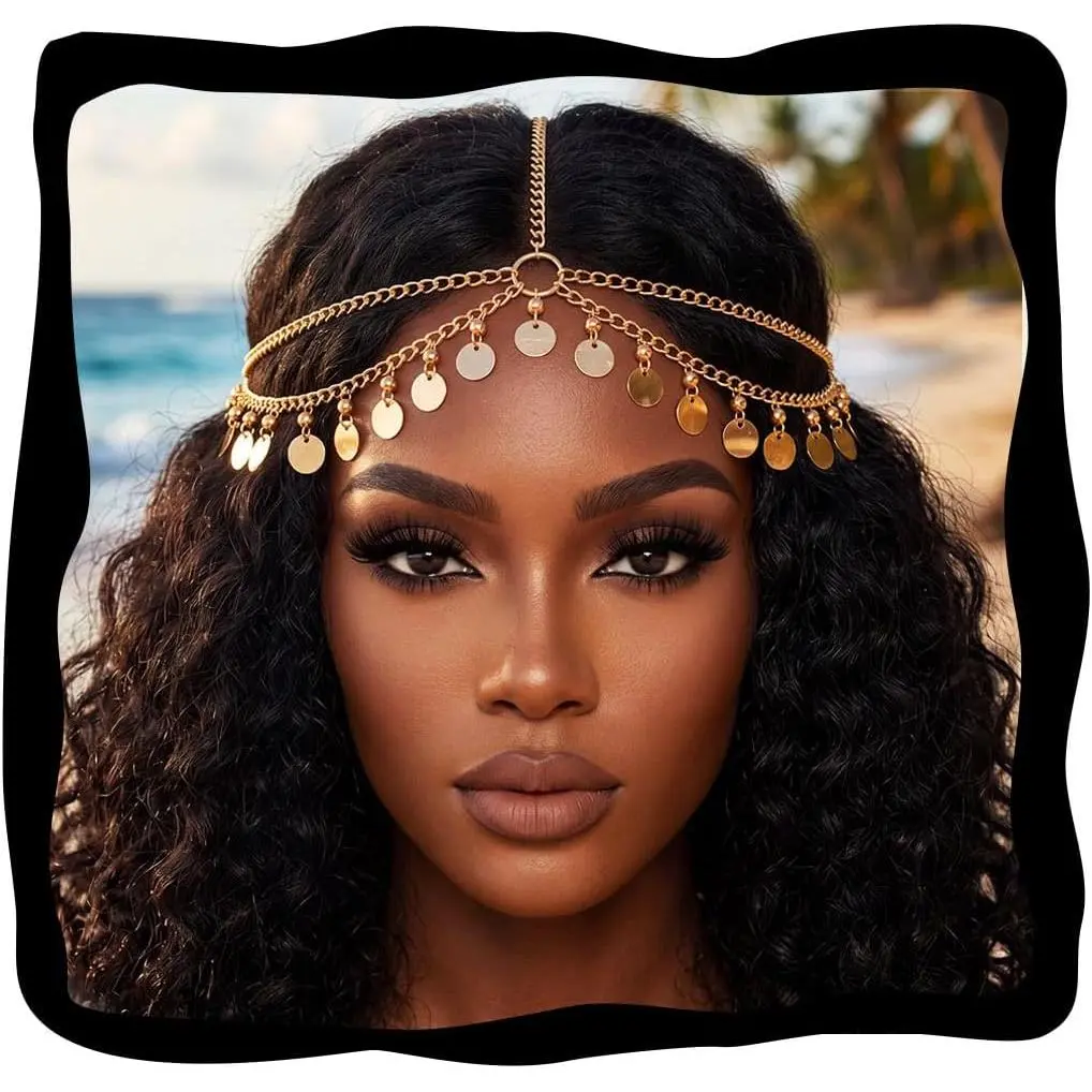 Modern Boho Headpiece with Alloy Sequins, Free Size Hair Chain for Women with an Adjustable Fit for Festival Costumes, Women's Fashion, Festivals, Chain Shape