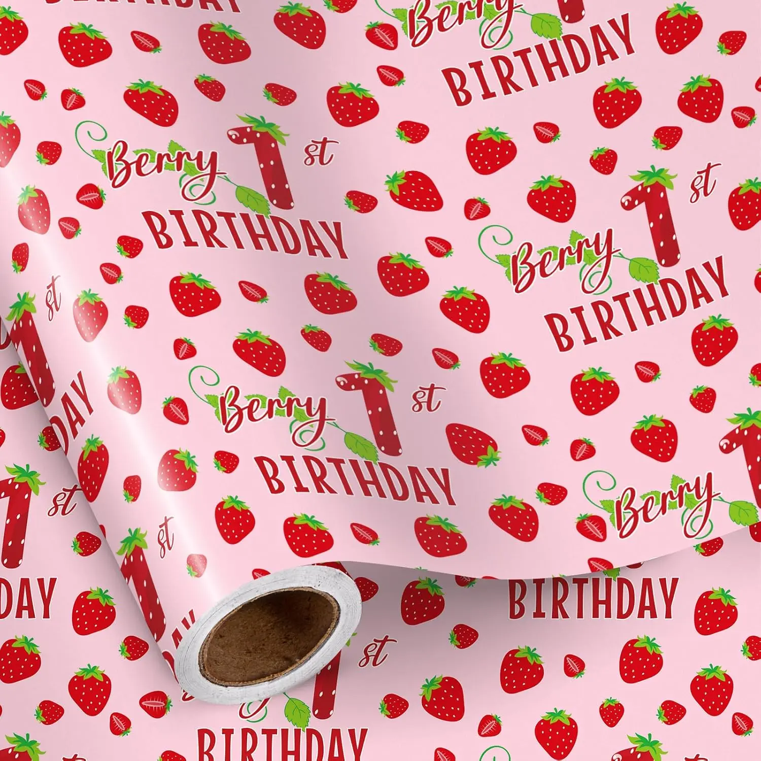 RUSPEPA Strawberry Birthday Wrapping Paper Roll for Girls, Pink Berry Theme Gift Wrap with Sweet Strawberry Design, Perfect for 1st 13th 15th 18th 21st Birthday Gifts, Teen Girls Girlfriend Party Decorations, Baby Birthday Celebration, 17 Inch x 16.4 Feet
